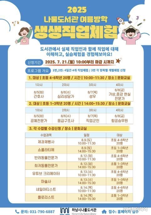 하남시나룰도서관, 초등 대상 여름방학 ‘생생 직업 체험’ 운영
