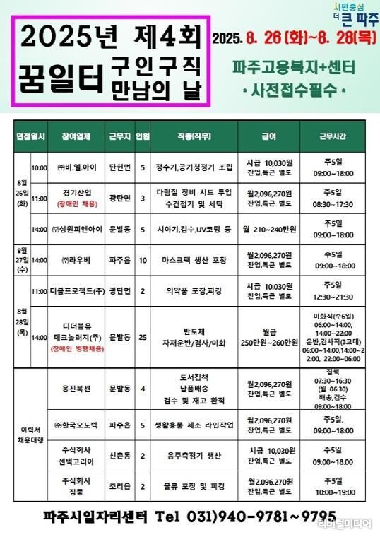 파주시, 2025년 제4회 '구인 구직 만남의 날' 개최…63명 채용 예정